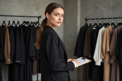Jeune femme en backstage de mode avec blazer et pantalon large