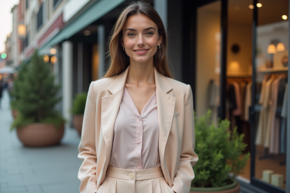Jeune femme élégante en blazer pastel devant boutique