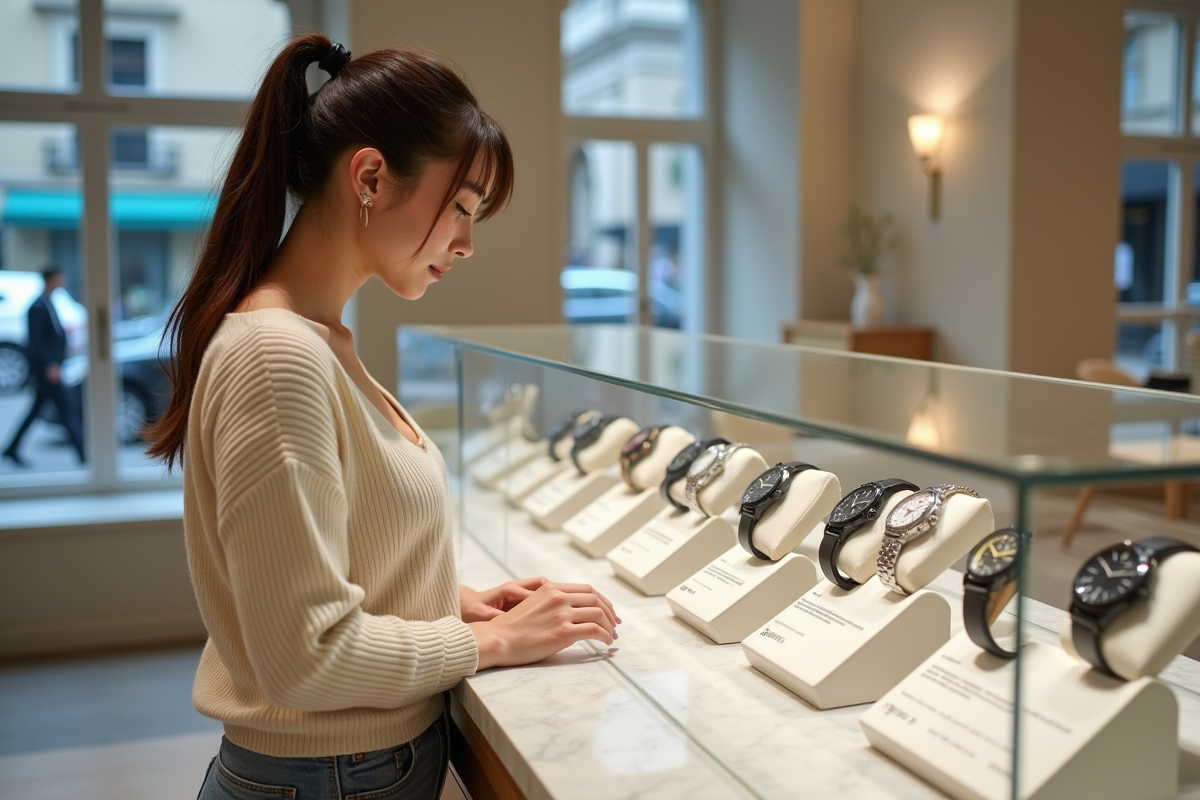 Jeune femme admire des montres dans une boutique moderne