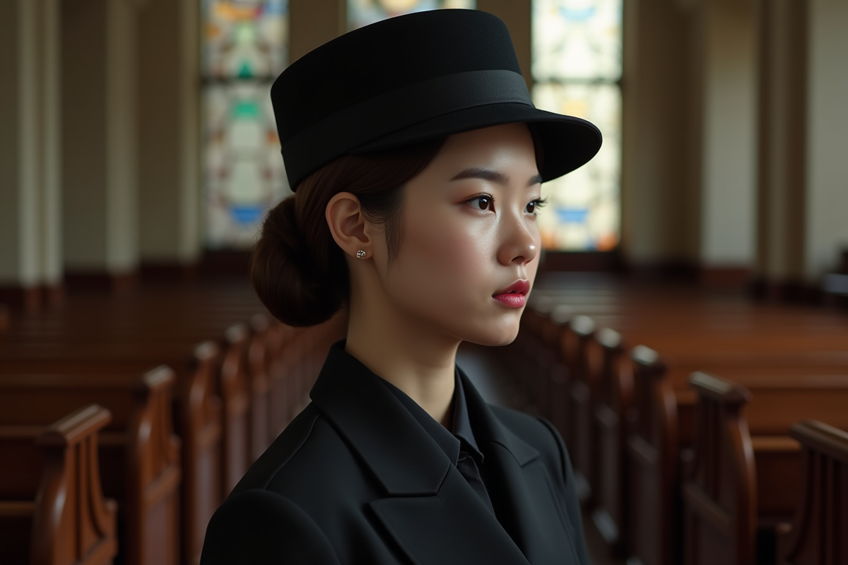 Jeune femme en costume noir et chapeau dans une chapelle