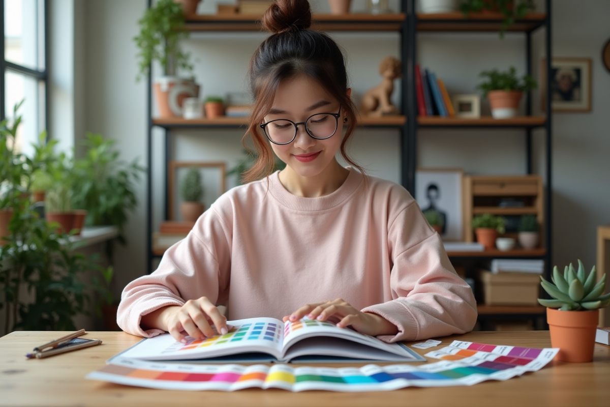Jeune femme examine un nuancier Pantone dans un espace cosy