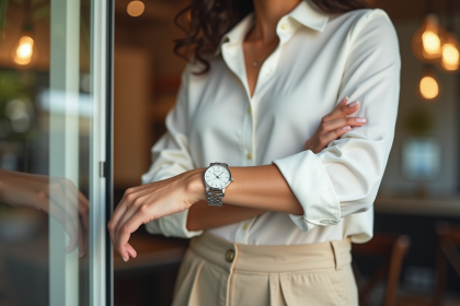 Jeune femme élégante ajustant sa montre en café lumineux