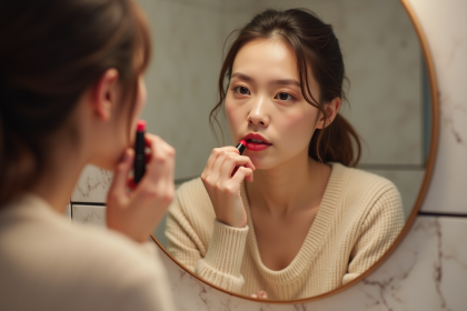 Jeune femme appliquant rouge à lèvres longwear devant miroir