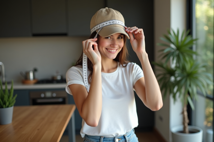 Jeune femme mesurant sa tête avec un ruban dans une cuisine moderne