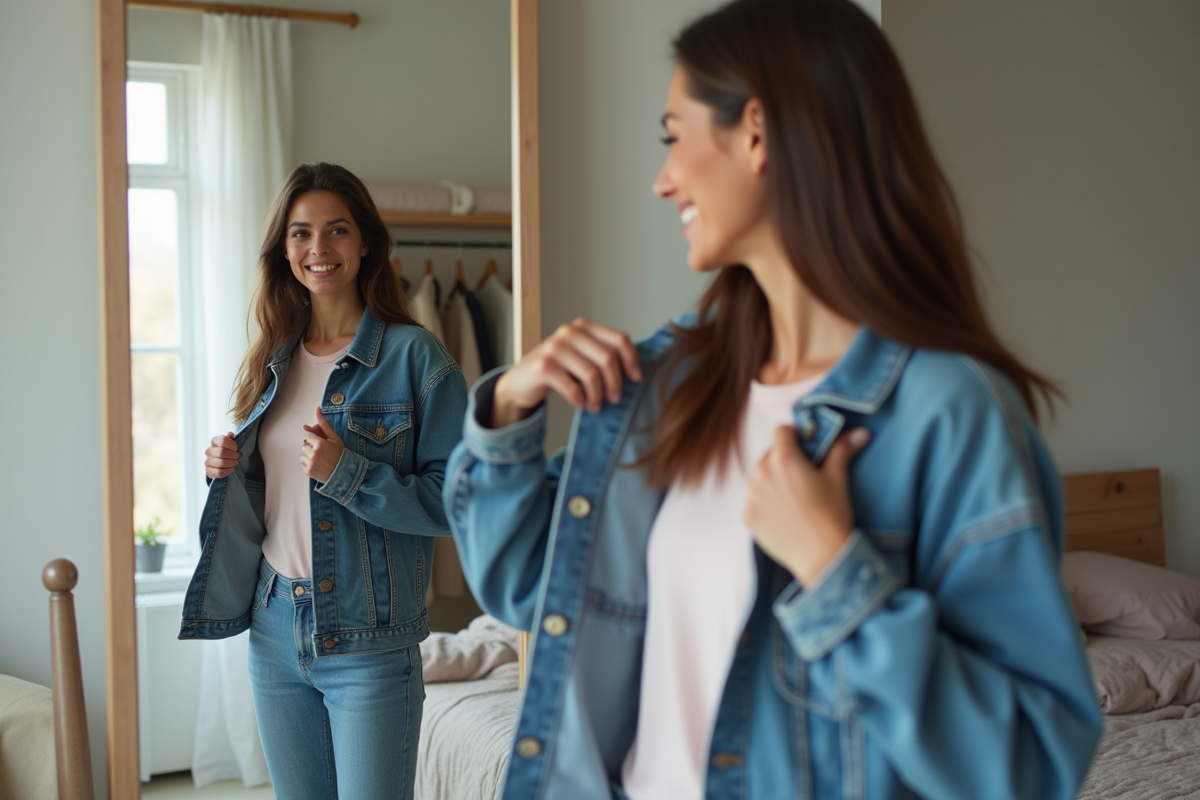 Jeune femme essayant une veste en denim dans sa chambre