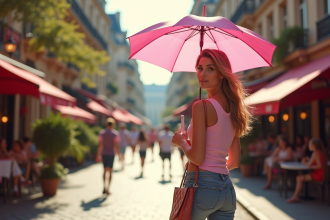 Jeune femme élégante marche dans Paris avec une ombrelle rose