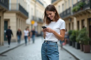 Jeune femme dans Paris avec téléphone et sourire naturel