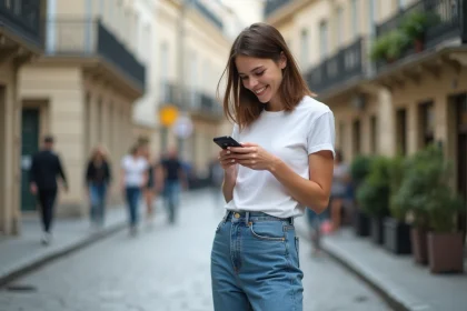 Jeune femme dans Paris avec téléphone et sourire naturel
