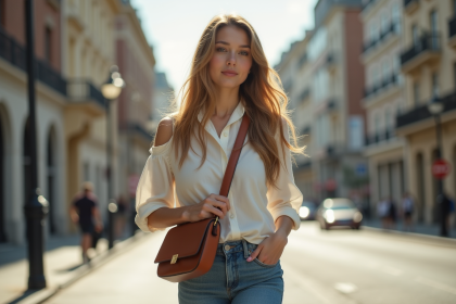 Jeune femme marchant dans la ville avec sac bandouliere