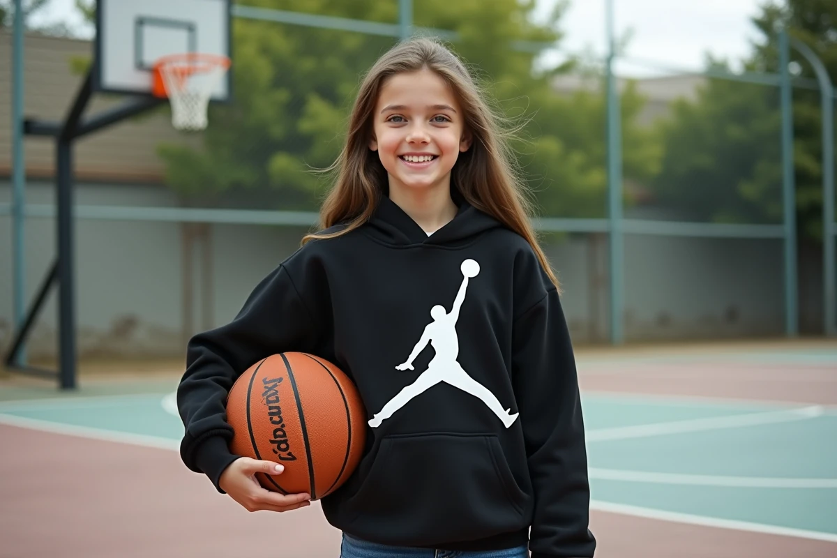 Adolescente portant un hoodie avec logo Jumpman sur un terrain de basket