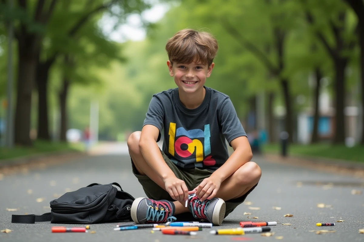 Adolescent cr&eacute;ant des sneakers color&eacute;s dans un parc en plein air