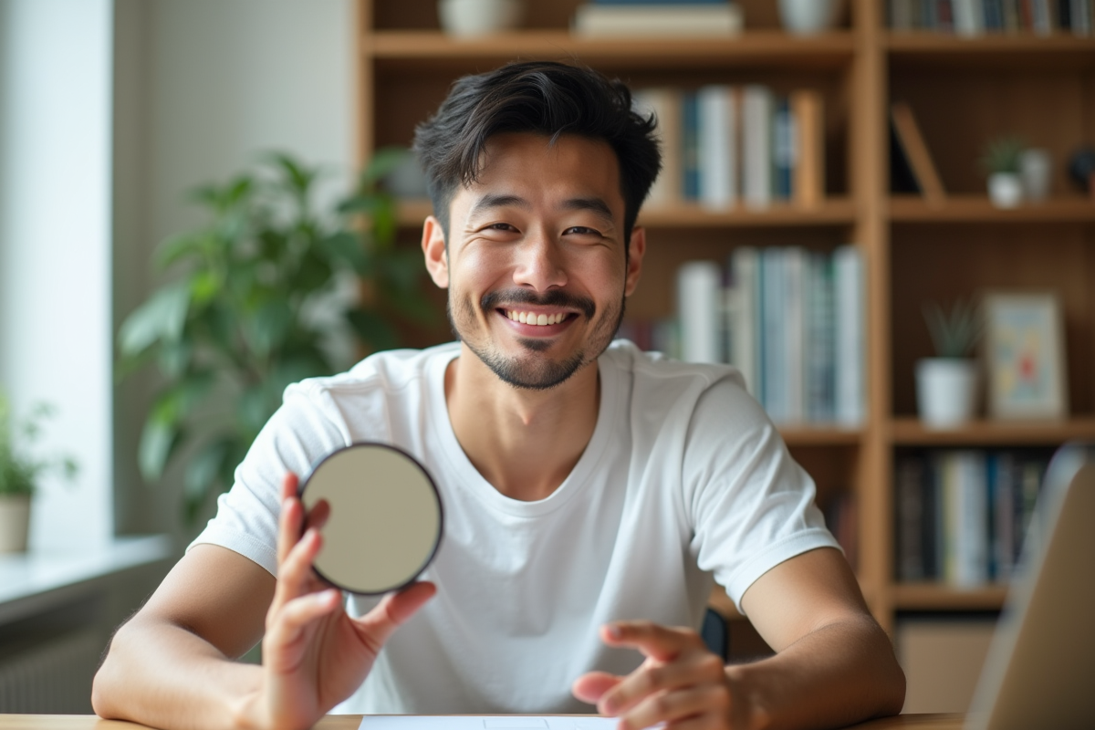 Jeune homme examine son visage dans un miroir de bureau