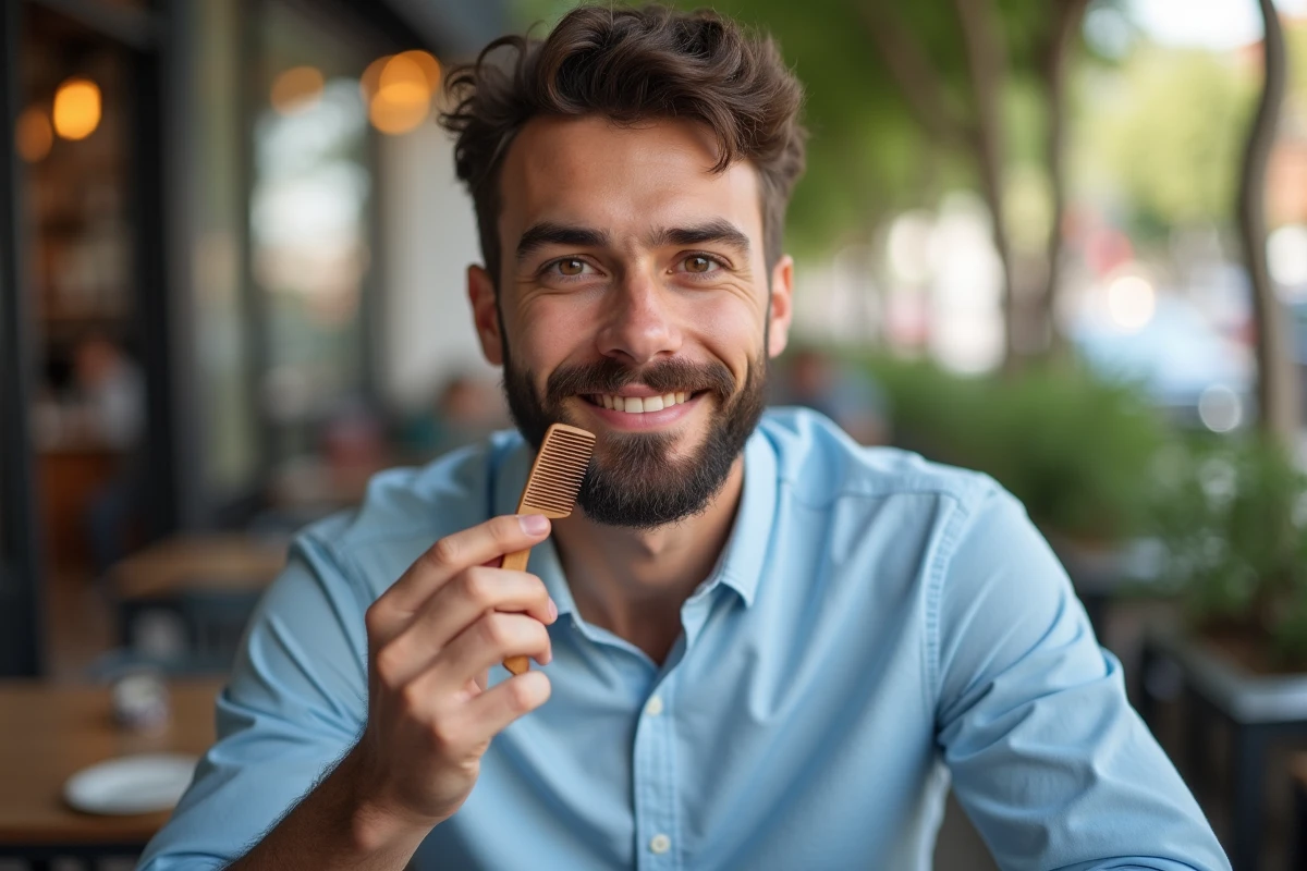 Jeune homme coiffant sa barbe en terrasse de café