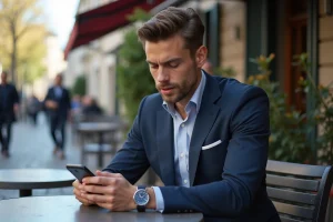 Jeune homme en costume bleu dans un café urbain