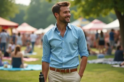 Jeune homme en tenue chic lors d'un festival en plein air