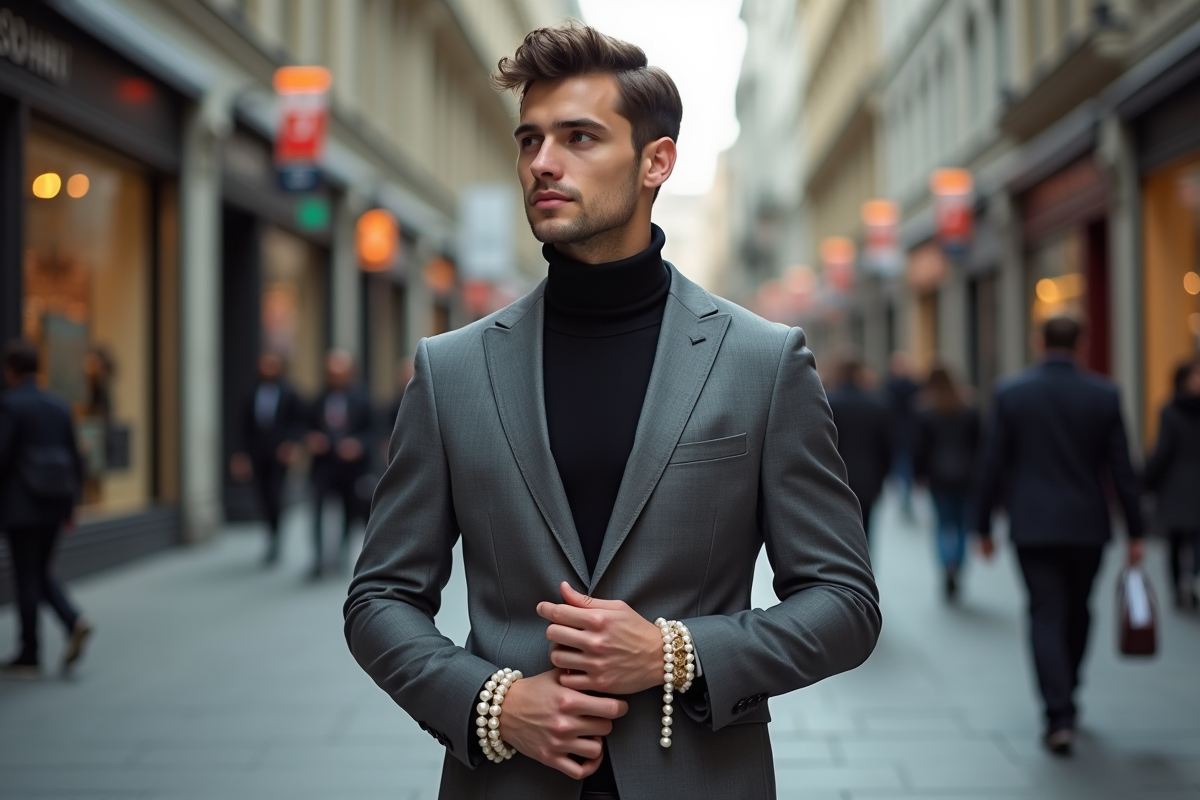 Jeune homme en costume dans une rue urbaine dynamique