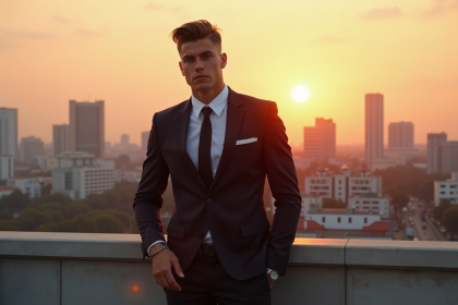 Jeune homme à la mode avec coupe mullet moderne en costume sur un toit urbain