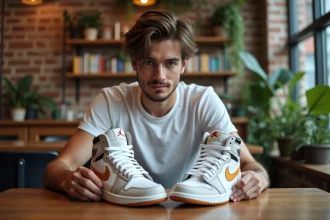 Jeune homme regardant deux logos Air Jordan sur ses sneakers