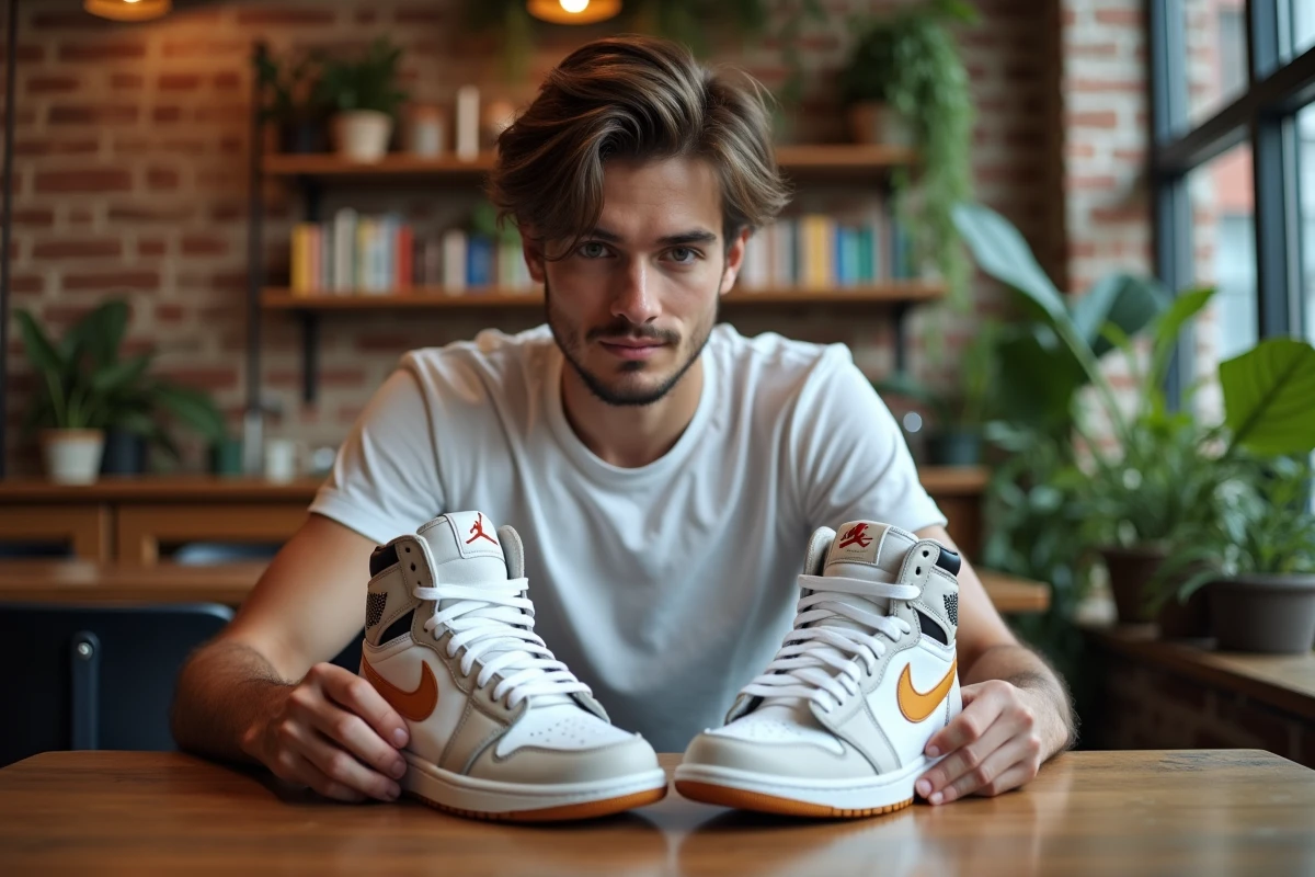 Jeune homme regardant deux logos Air Jordan sur ses sneakers