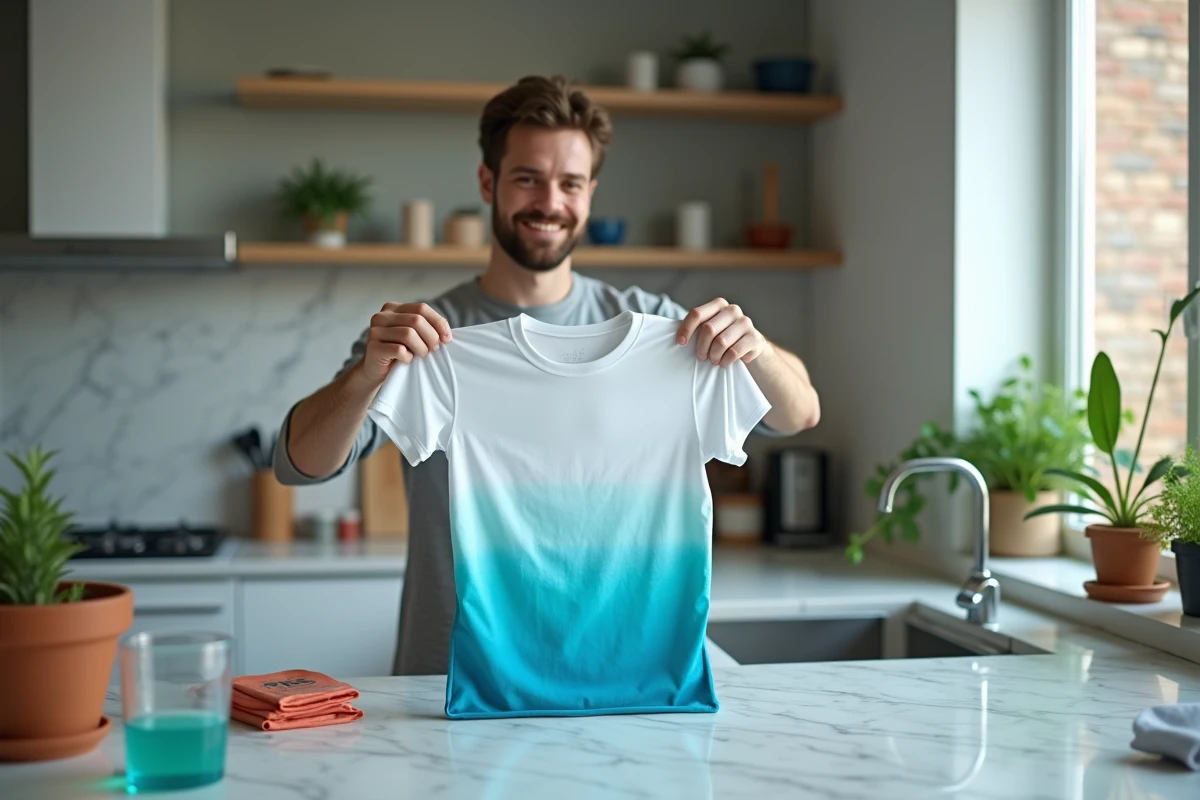 Jeune homme inspectant un t-shirt en polyester teint avec satisfaction