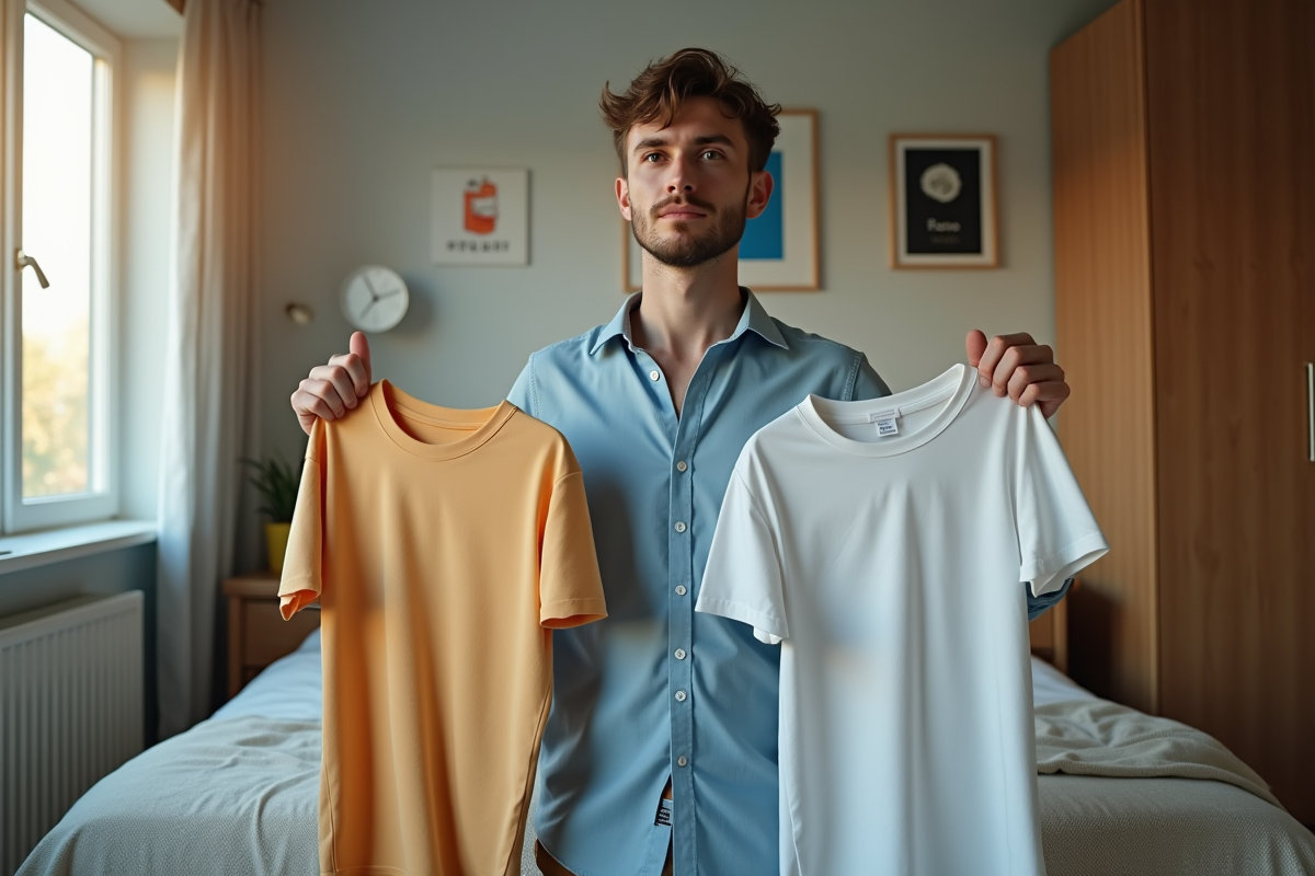 Jeune homme regardant ses T-shirts dans une chambre lumineuse