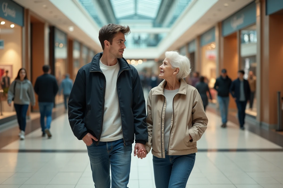 Jeune homme et senior dans un centre commercial int&eacute;rieur