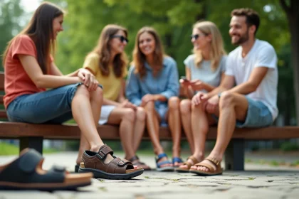 Jeunes adultes en sandales tendance dans un parc urbain