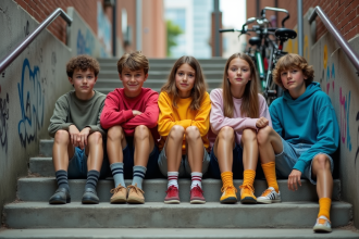 Groupe d'adolescents dans les années 90 assis sur un escalier urbain