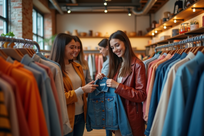 Groupe de jeunes filles en boutique tendance souriantes