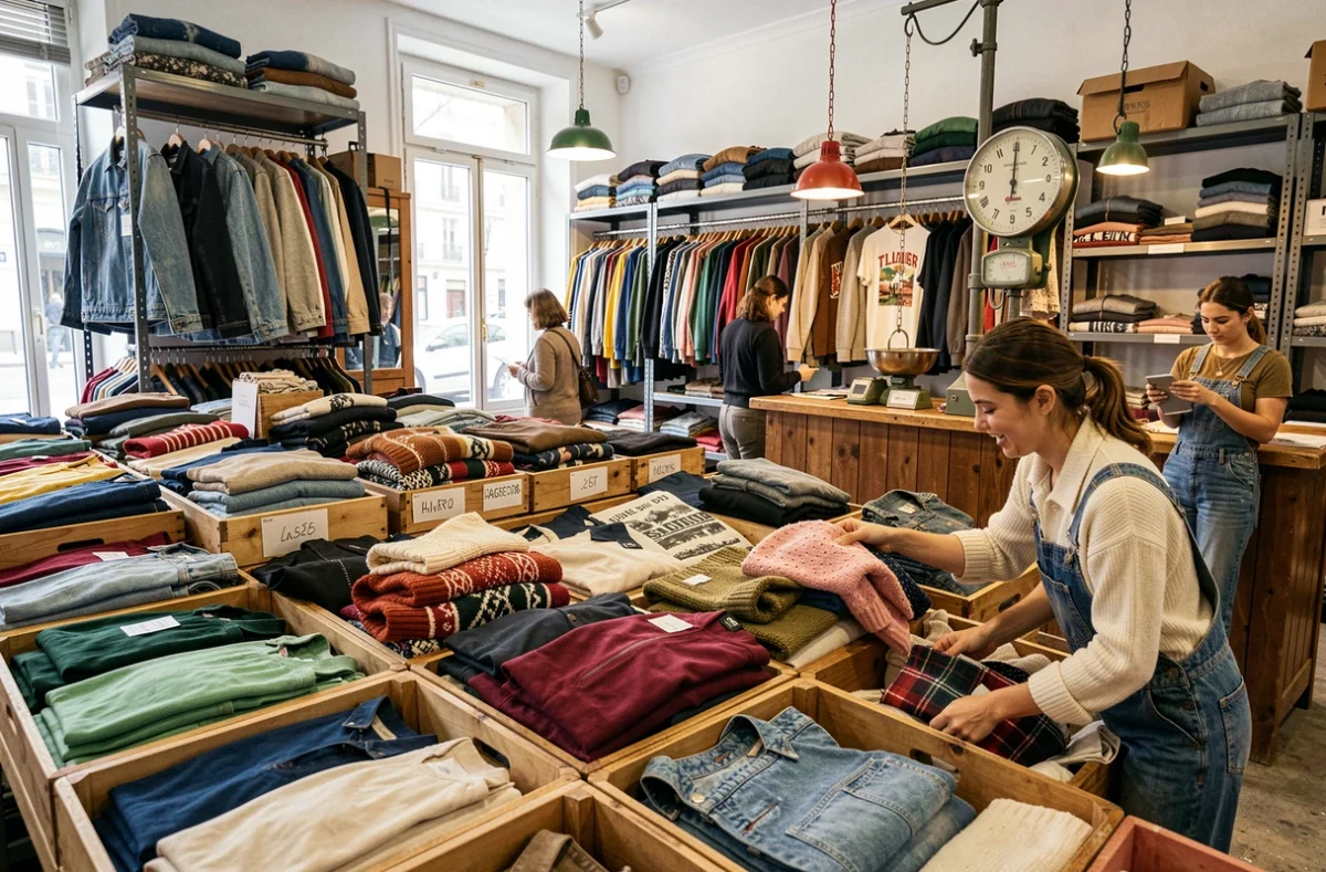 Kilo Shop à Paris, concept de friperie seconde main vendue au poids avec bacs de vêtements vintage et balance industrielle