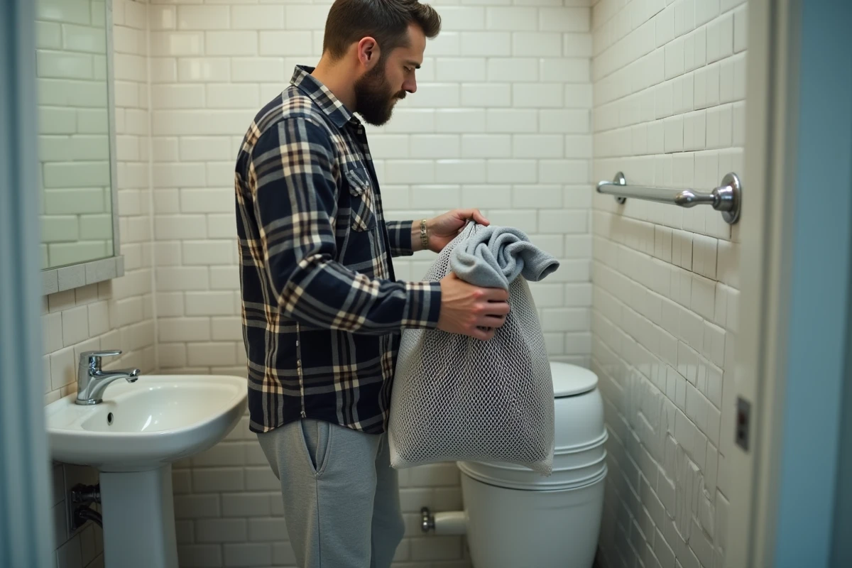 Homme dans une petite salle de bain cherchant où stocker un sac de linge sale dans un espace très réduit