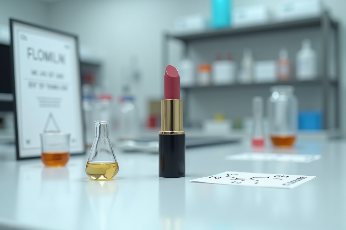 Rouge à lèvres ouvert avec ingrédients en laboratoire moderne