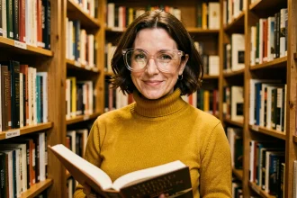 Femme portant des lunettes cul de bouteille vintage avec montures épaisses dans une librairie indépendante au style rétro