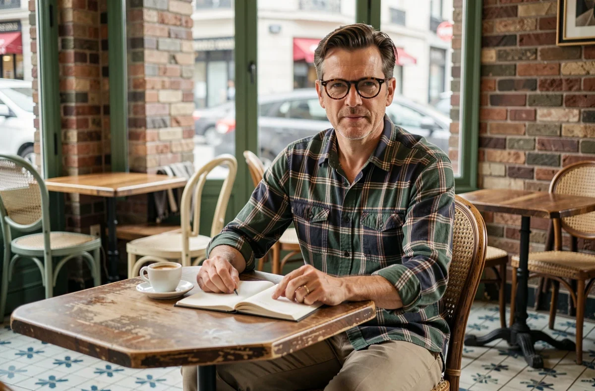 Homme avec des lunettes cul de bouteille rondes à montures écaille assis dans un café vintage parisien