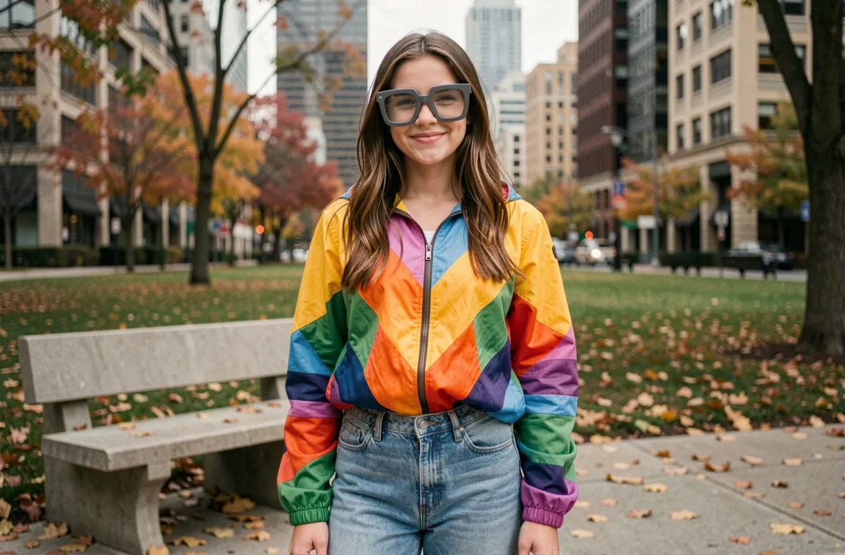 Adolescente arborant des lunettes cul de bouteille carrées et un blouson coloré années 80 dans un parc urbain en automne