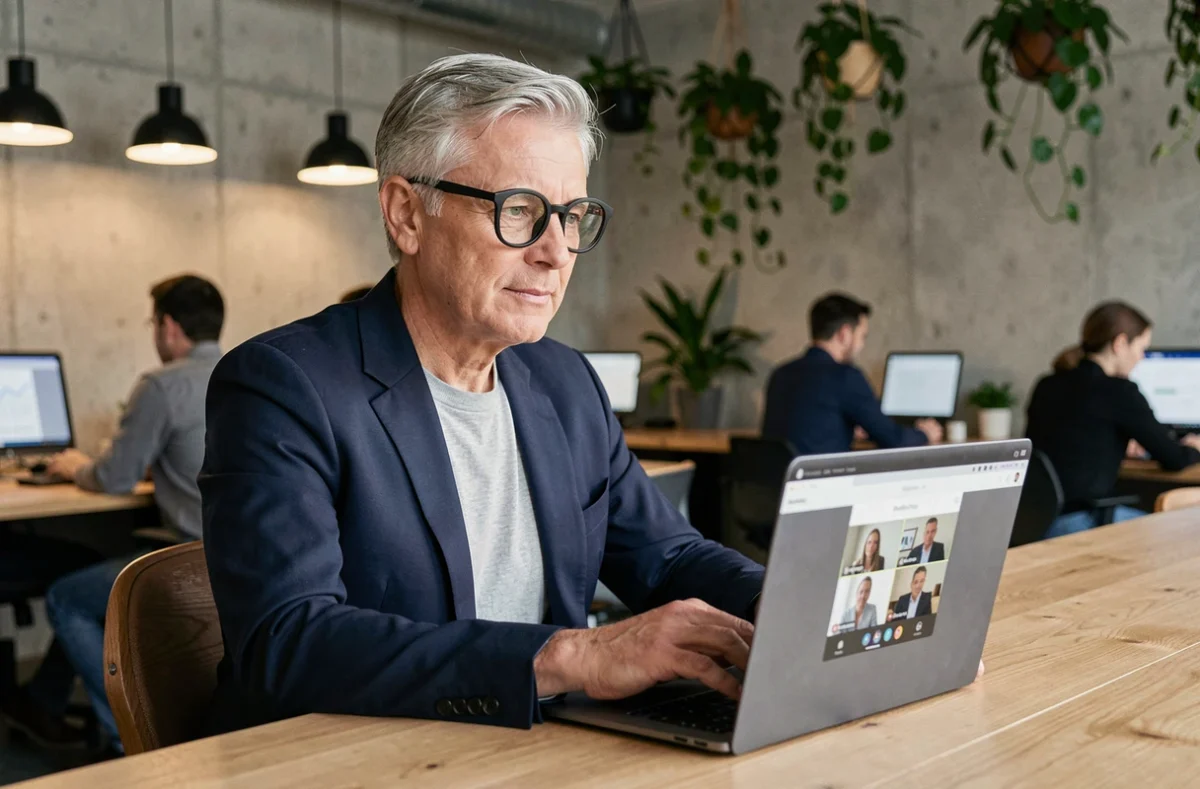 Personne aux cheveux gris portant des lunettes tendance 2026 à montures rondes noires travaillant en espace de coworking avec appel vidéo sur laptop