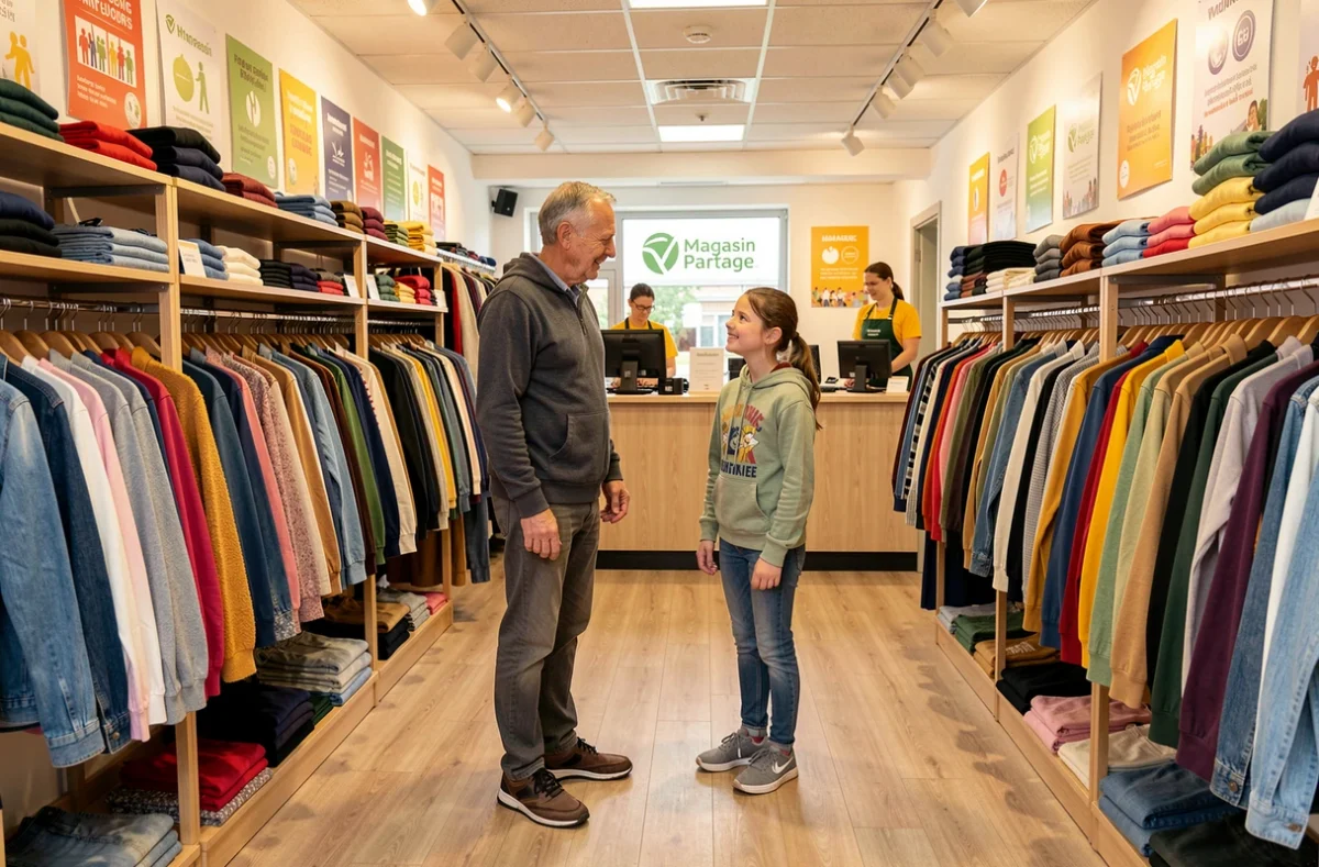 Un homme et une adolescente font du shopping solidaire ensemble au Magasin Partage à Vannes