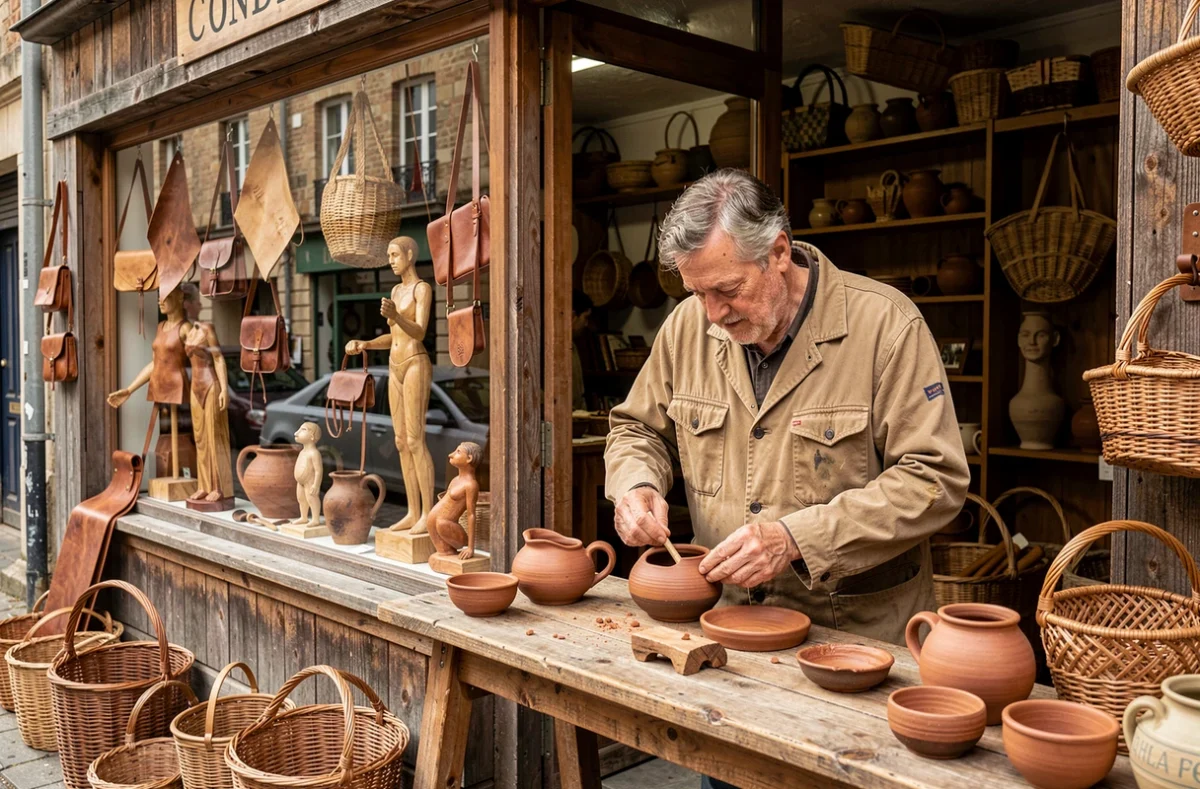 Vitrine et intérieur de La Maison des Artisans à Angers avec poteries, vanneries et objets artisanaux en bois