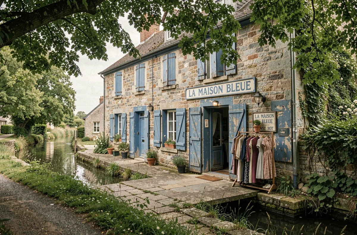 Façade de La Maison Bleue, boutique de friperie aux couleurs bleues typiques au bord du canal de Nantes à Brest