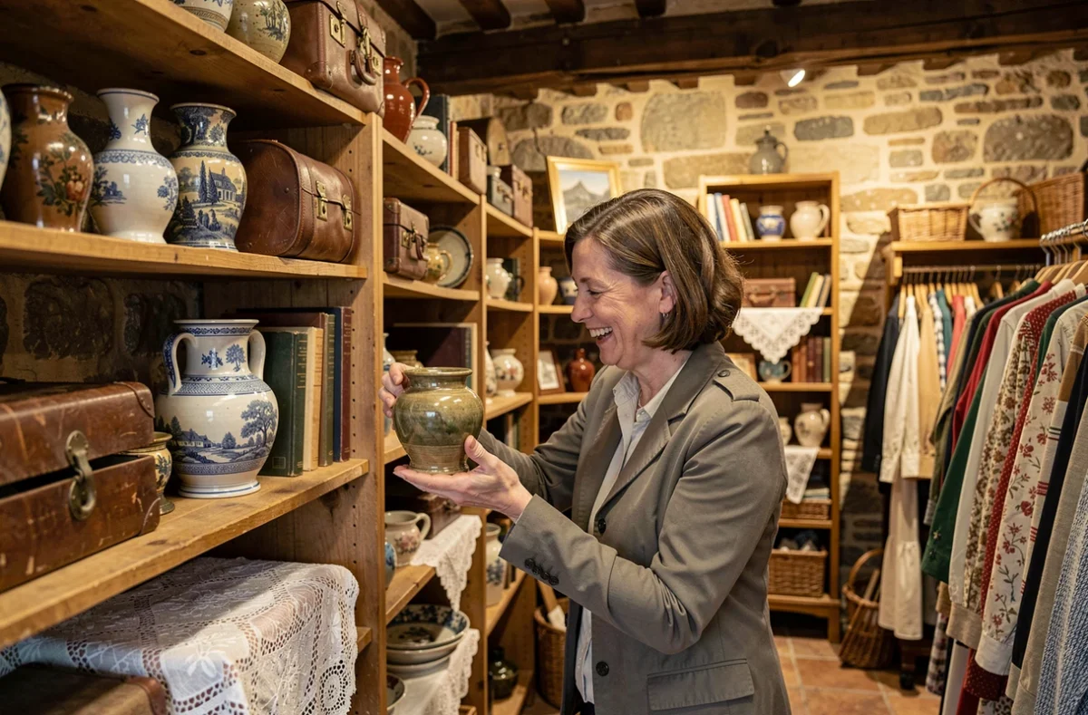 Une femme découvre un vase ancien parmi les trésors éclectiques de La Malle aux Trésors à Josselin
