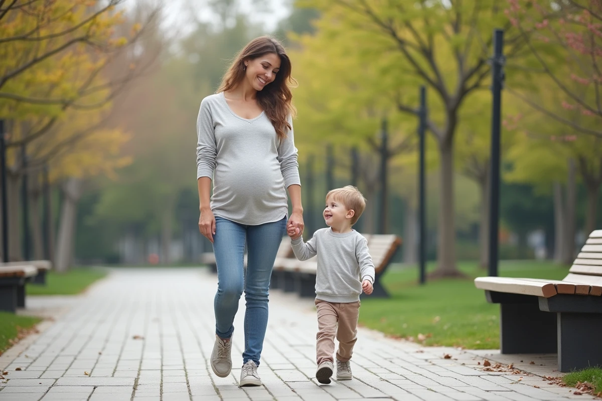 Maman et enfant marchant dans un parc urbain