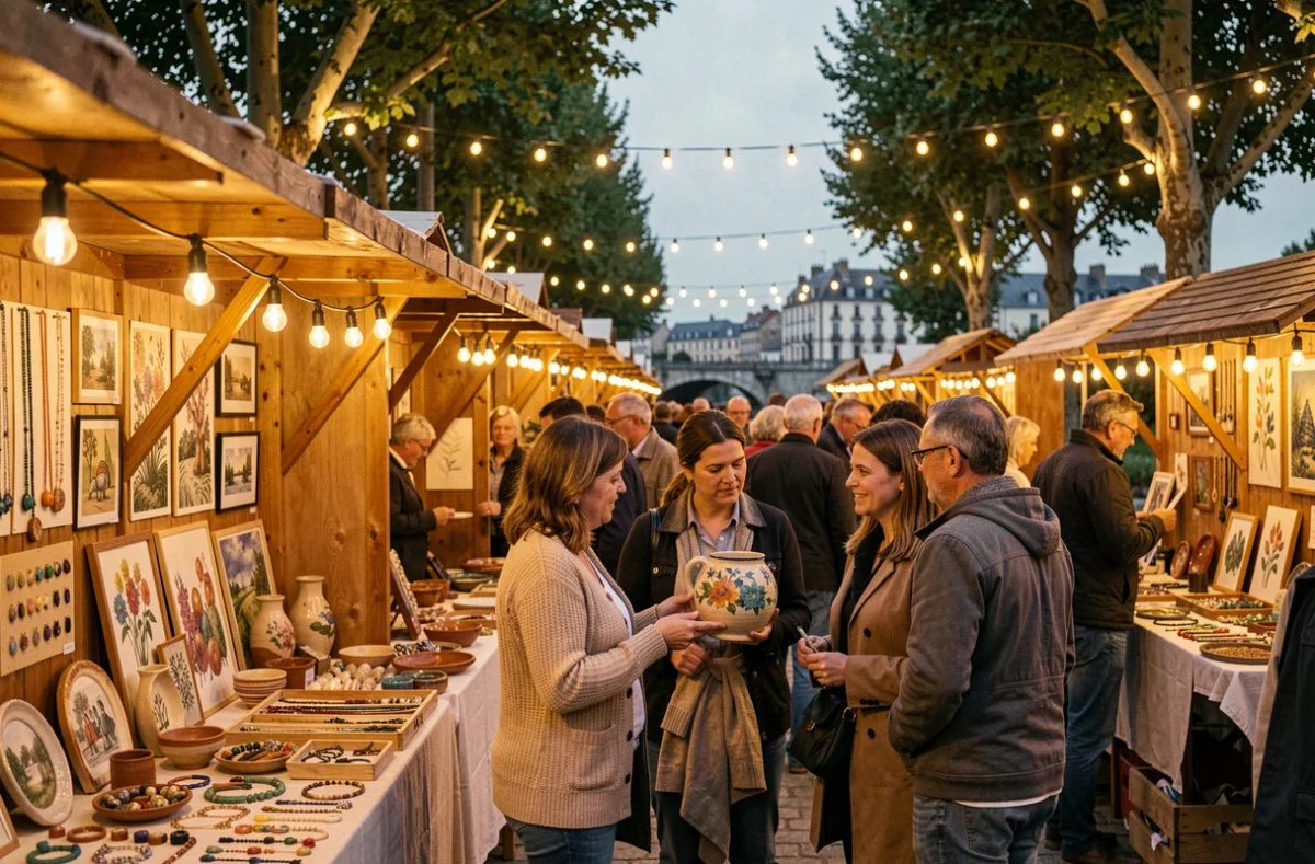 Marché nocturne des créateurs à La Ferté-sous-Jouarre avec des stands artisanaux illuminés sous des guirlandes lumineuses en soirée