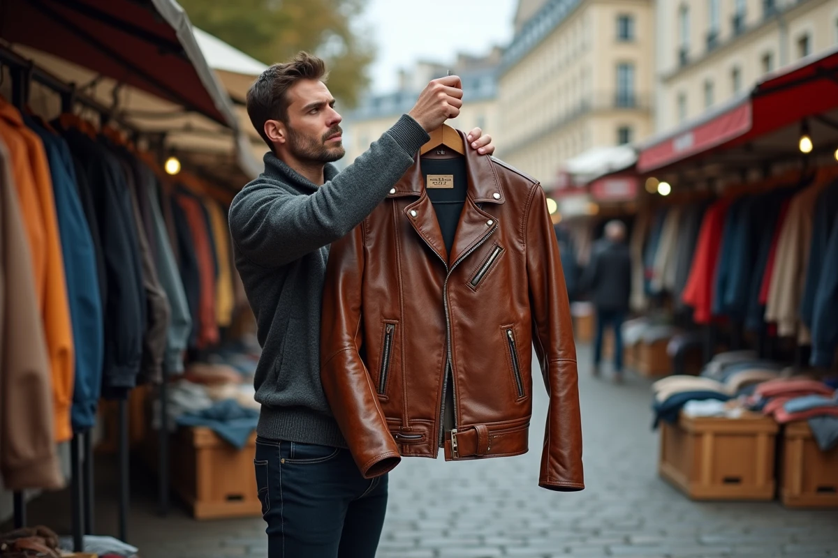Homme inspectant une veste en cuir vintage de marque sur un marché aux puces parisien en plein air