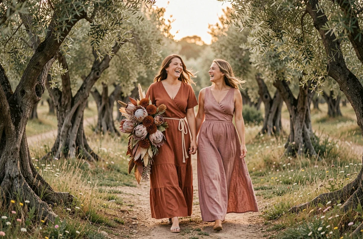 Mariée bohème en robe terracotta à volants et sa demoiselle d'honneur marchant dans une oliveraie au coucher du soleil