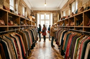 Intérieur d'un dépôt-vente parisien avec des portants chargés de vêtements colorés et une clientèle qui fait du shopping