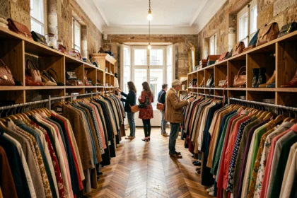 Intérieur d'un dépôt-vente parisien avec des portants chargés de vêtements colorés et une clientèle qui fait du shopping
