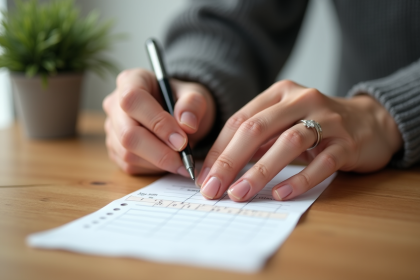Main mesurant son anneau avec papier et stylo sur bois