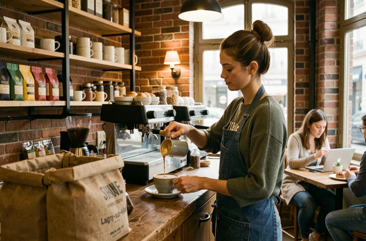 Intérieur chaleureux de Moka à Lagny-sur-Marne avec une barista préparant un café latte artisanal