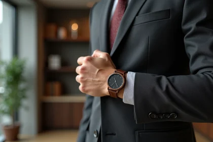 Montre en bois haut de gamme portée au poignet d'un homme en costume sur fond de bureau moderne