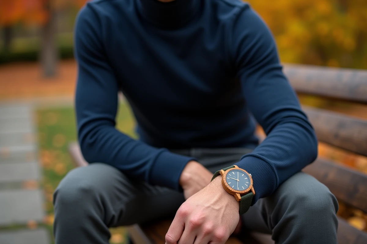 Homme portant une montre bois automatique en extérieur dans un parc en automne avec pull col roulé marine